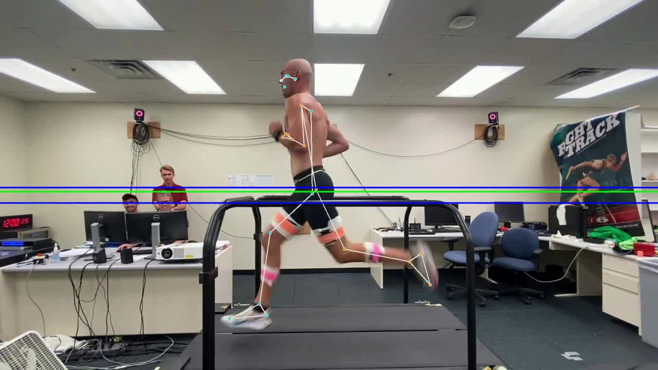 Alpha Peak treadmill running analysis with pose-estimation landmarks.