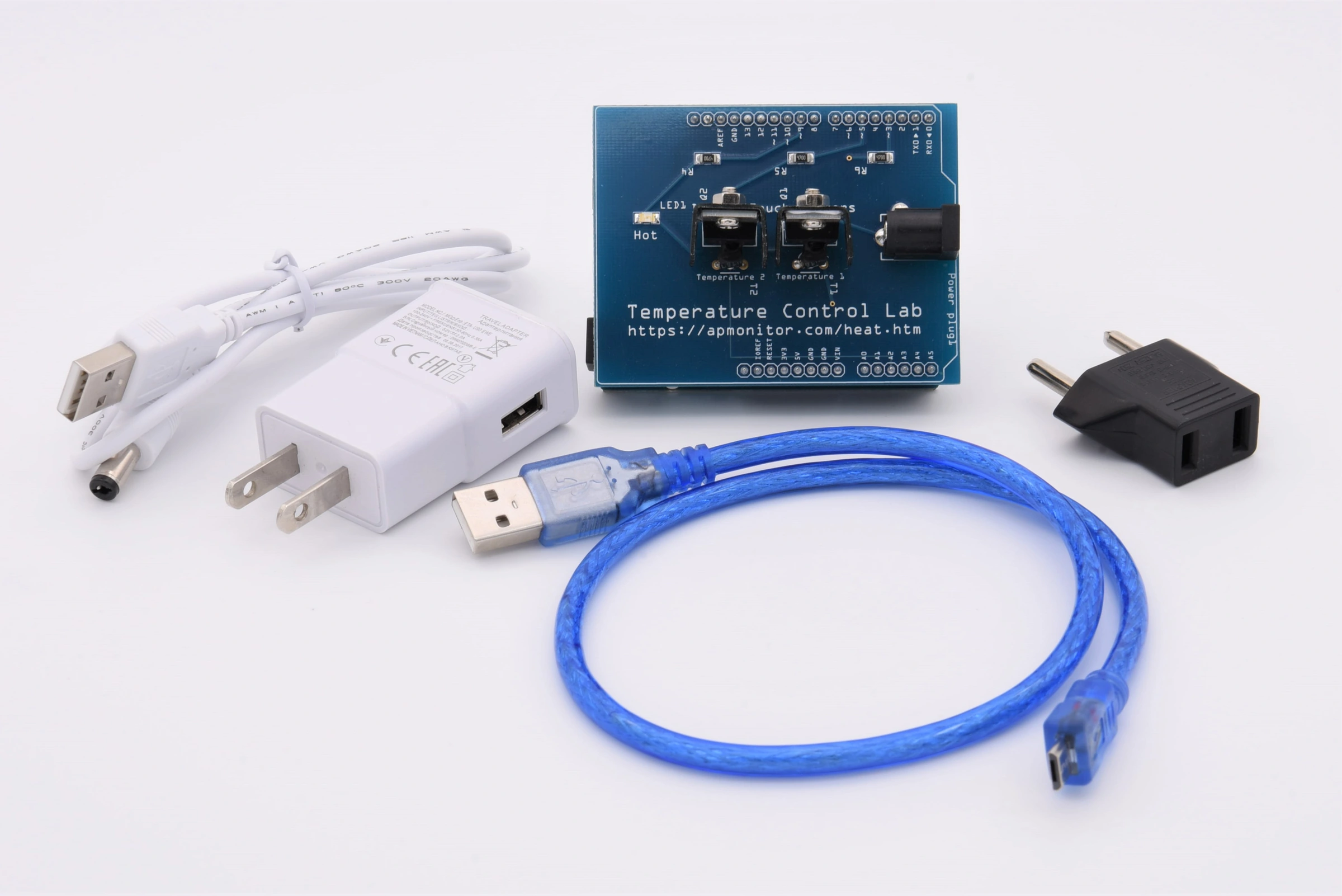TCLab circuit board with heaters and sensors.