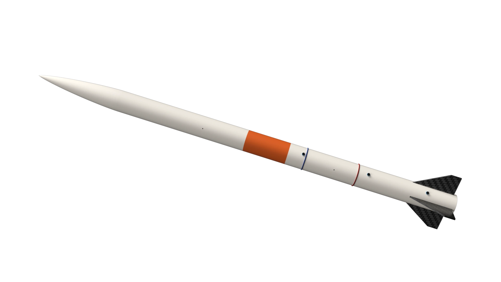 Isometric render of a white rocket with orange body section and dark fins.