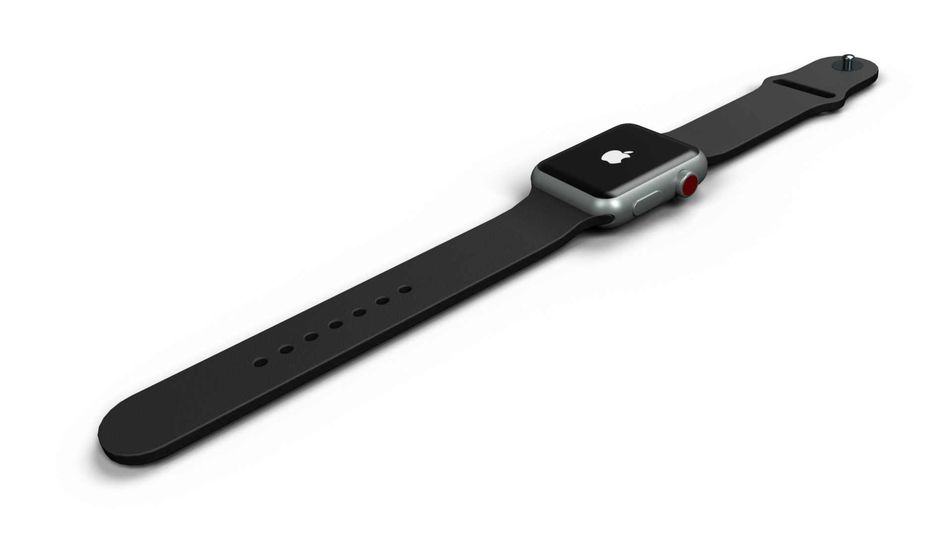 CAD render of an Apple Watch case, crown, and watch band.